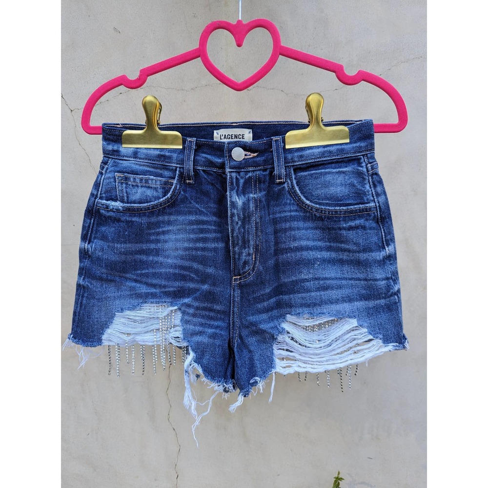 NWT AREA L'Agence Crystal Rhinestone High Rise Denim Cut-Off Shorts 25